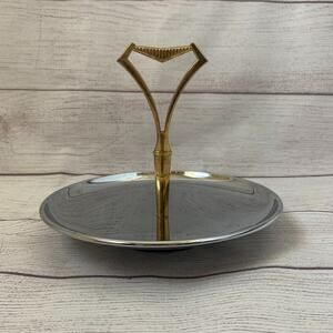 Kromex Mid-Century Silver Round Serving Tray Gold Handle Tidbits Dessert 8 5/8"